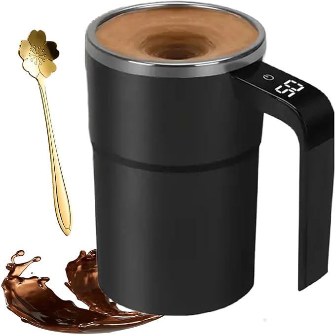 Electric Coffee Mug with a Built-in LCD Thermometer, Automatic Magnetic Stirring Coffee Mug, 380ML/13OZ, Stainless Steel Self Stirring Cup with Lid, Perfect for Brewing Coffe-e, Milk, Cocoa (Black)