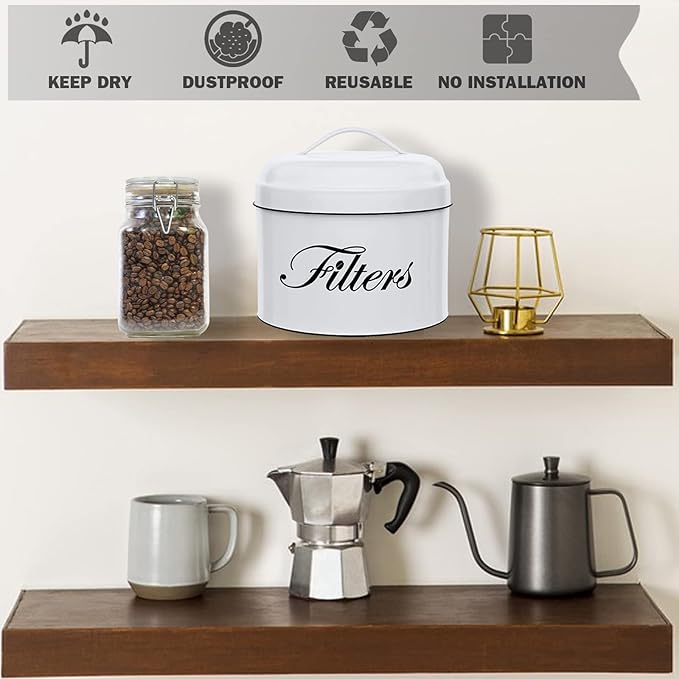 Coffee Filter Holder, White Basket Coffee Filter Storage with Lid, Round Coffee Filter Container for Counter, Rustic Farmhouse Coffee Bar Accessories Decor (White)