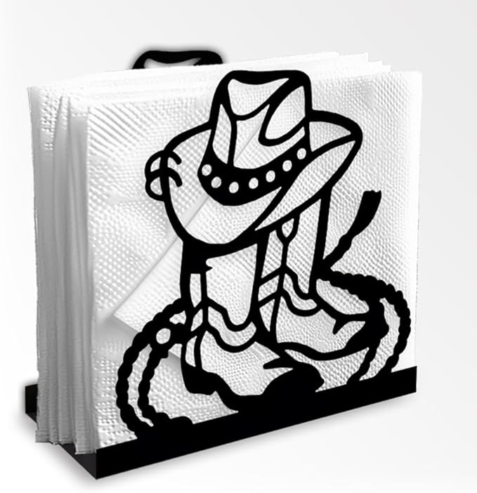 Cowboy Boot Decorative Black Metal Napkin Holder for Table, 4.9" x 4.9" x 2" Western Hat Lasso Standing Napkin Holder for Home Kitchen Restaurant Picnic Party Coffee Bar Dining Room