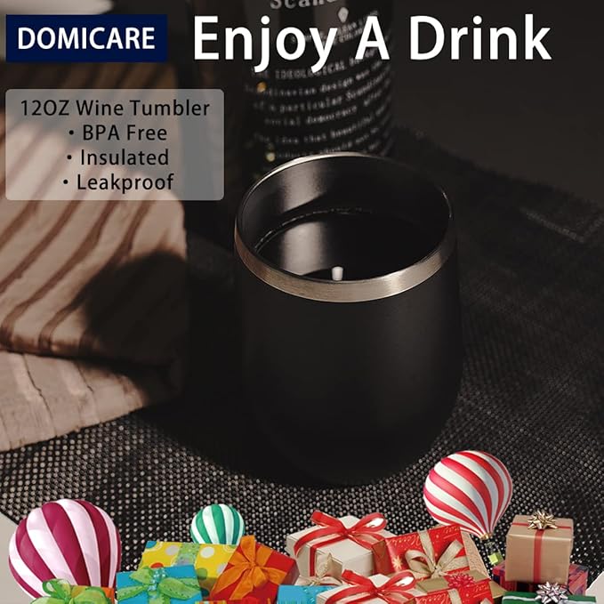 DOMICARE Stainless Steel Wine Tumbler Bulk with Lid, Personalized Insulated Tumblers Set, 12oz Travel Coffee Cups Pack of 1, Black