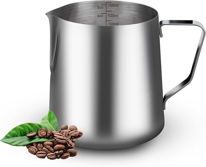 5oz Milk Frothing Pitcher-Stainless Steel Steaming Jug for Espresso, Cappuccino & Coffee-Heat-Resistant, Dripless Spout, Measurement Scale, Dishwasher Safe (150ml/5oz)