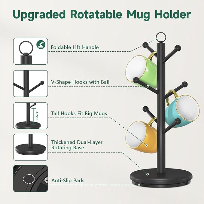 EsLuker.ly Mug Holder Tree Bamboo 360° Rotating Coffee Cup Display Rack with 6 Hooks for Home Kitchen Counter, Upgrade Wood Mug Stand Station Organizer, Building Your Dream Coffee Corner, Black