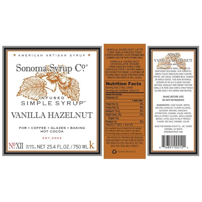 Sonoma Syrup Co Vanilla Hazelnut Syrup, 25.4 Fl Oz for Coffee, Cocktails, and Cooking