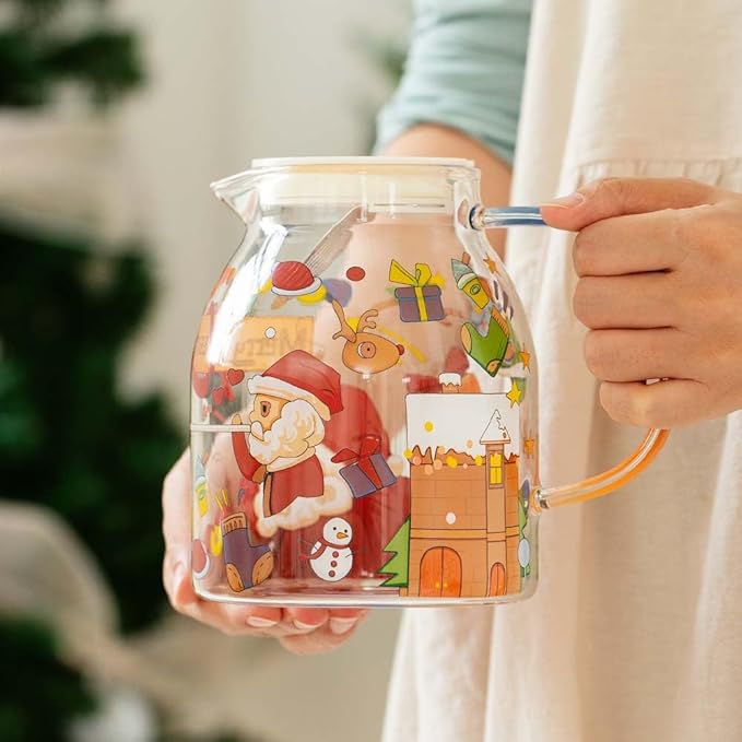 JIDOC 1100ml/37.68oz Christmas Glass Pitcher with Lid,Iced Tea Pitcher Carafe for Coffee, Juice, Lemonade and Milk