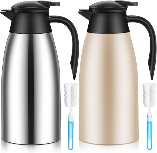 Uiifan 2 Pcs 68oz Thermal Coffee Carafe Insulated Stainless Steel Coffee Carafe for Hot Liquids Double Walled Vacuum Pot Creamer Pitcher Dispenser with Brush for Keeping Milk Tea(Silver, Champagne)