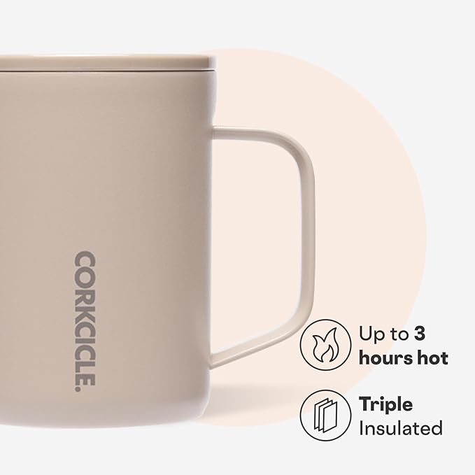 Corkcicle Classic Coffee Mug - Triple Insulated Stainless Steel Travel Mug - Shatter-Proof Lid - Easy Grip - Keeps Drink Hot Over 3 Hours - Holiday Mug Gift - Great for Gifting Warmth - 16 oz - Desert