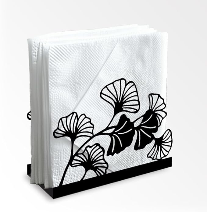 Modern Ginkgo Leaves Decorative Black Metal Napkin Holder for Table, 4.9" x 4.9" x 1.9" Standing Napkin Holder for Home Kitchen Restaurant Picnic Party Coffee Bar Dining Room