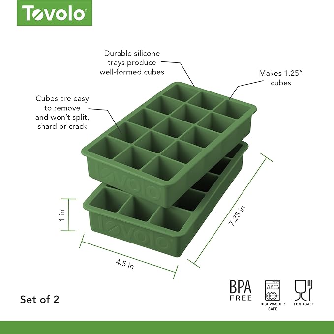 Tovolo Silicone Ice Cube Tray Pesto Green Pack of 2 BPA Free Ice Tray Mold for Coffee Drinks Cocktails, Dishwasher Safe Easy Release Perfect 1 Inch Cube Ice Tray for Whiskey Bourbon Spirits