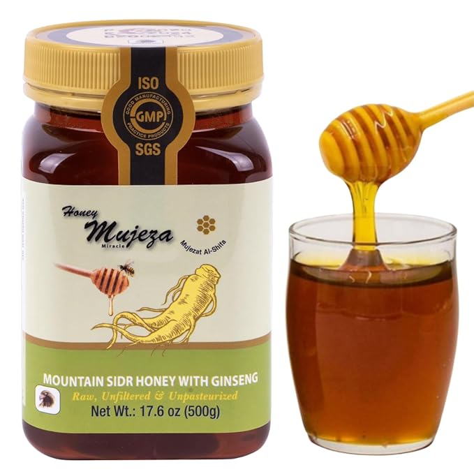 Raw Mountain Sidr Honey with Fresh Royal Jelly and Red Korean Ginseng | Sugar-Free, Gluten-Free, Natural Liquid Honey (500g / 17.6oz)