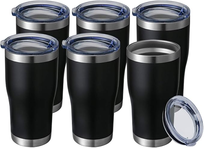 HASLE OUTFITTERS 20 oz Tumbler Bulk, Stainless Steel Tumblers with Lid, Vacuum Insulated Tumbler, Double Wall Tumbler Cup, coffee mugs, Black, 6 Pack