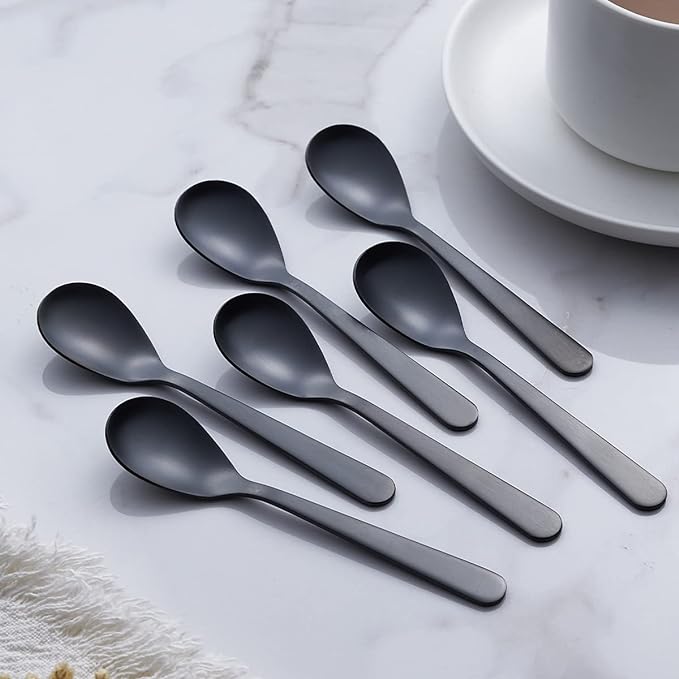 Matte Black Demitasse Espresso Coffee Spoons, Stainless Steel Satin Finish, Mini Teaspoons, Sugar Spoons, 4.7-inch, Set of 6
