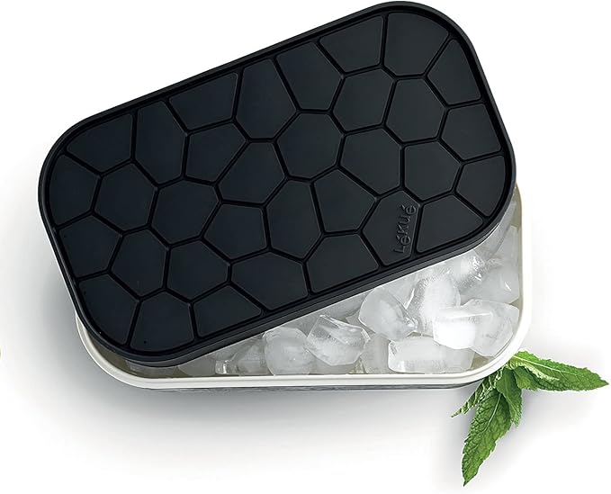 Lékué Ice Box | Ice Cube Tray For Freezer With Lid & Bin | Made With 100 Percent Platinum Silicone | Elegant And Retro Style Ice Cubes | For Cocktails, Ice Tea & Coffee And More | Black