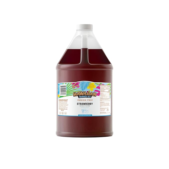 Hawaiian Shaved Ice Syrup Gallon, Strawberry Flavor, Great for slushies, Italian soda, popsicles, & more, no refrigeration needed, allergy-friendly, perfect for snowcone stand and coffee shop owners