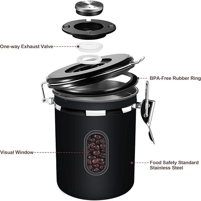 1800ML Airtight Coffee Canister with Date Tracker&Transparent Window, 22.8OZ Coffee Container with 30ML Measure Spoon&4 co2 Valve, Coffee Bean Storage Container for Grounds Coffee, Beans, Tea(Black)