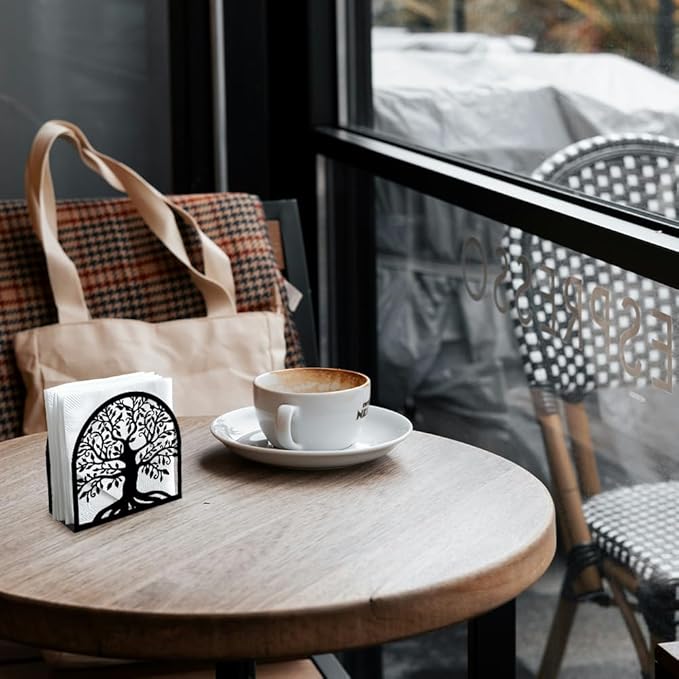 Tree of Life Decorative Black Metal Napkin Holder for Table, 4.9" x 4.9" x 1.9" Standing Napkin Holder for Home Kitchen Restaurant Picnic Party Coffee Bar Dining Room
