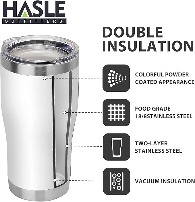 HASLE OUTFITTERS 20 oz Tumbler Bulk, Stainless Steel Tumblers with Lid, Vacuum Insulated Tumbler, Double Wall Powder Coated Cup, coffee mugs, White, 1 Pack