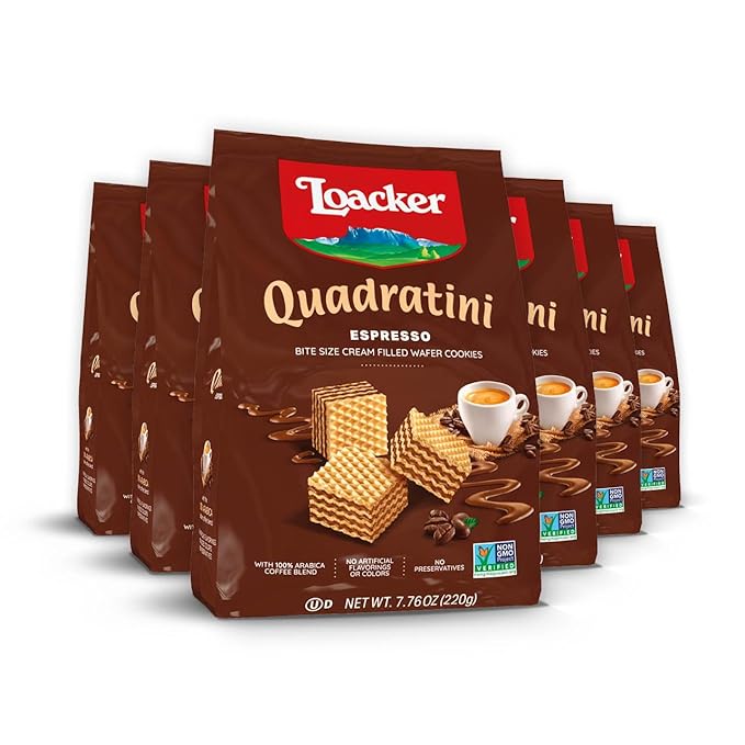 Loacker Quadratini Espresso Wafer Cookies LARGE - 30% Less Sugar - Premium Crispy Bite Size Wafers - NON-GMO - LARGE Pack of 6