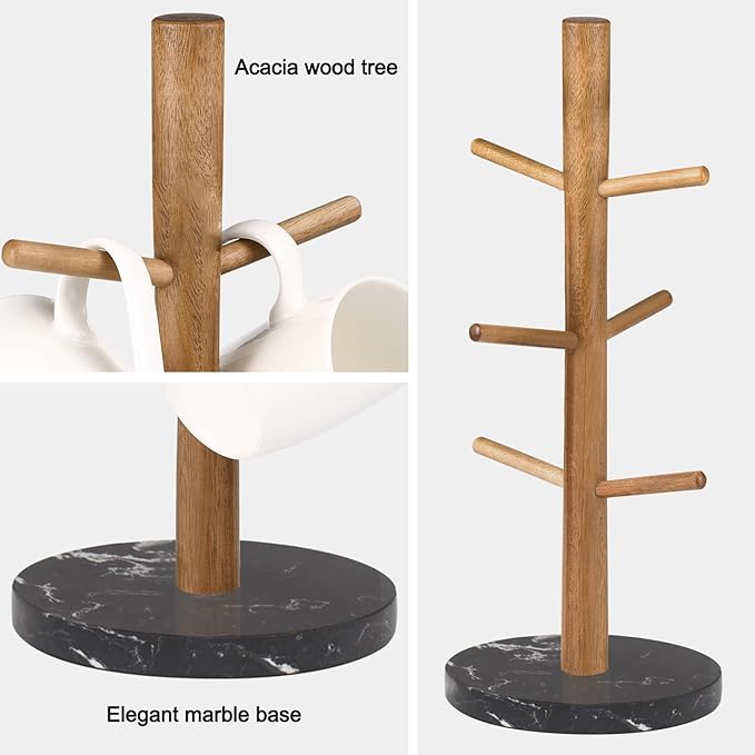 Buruis Mug Holder, Acacia Wood & Marble Base, 6 Hooks Kitchen Countertop Coffee Tea Cups Organizer