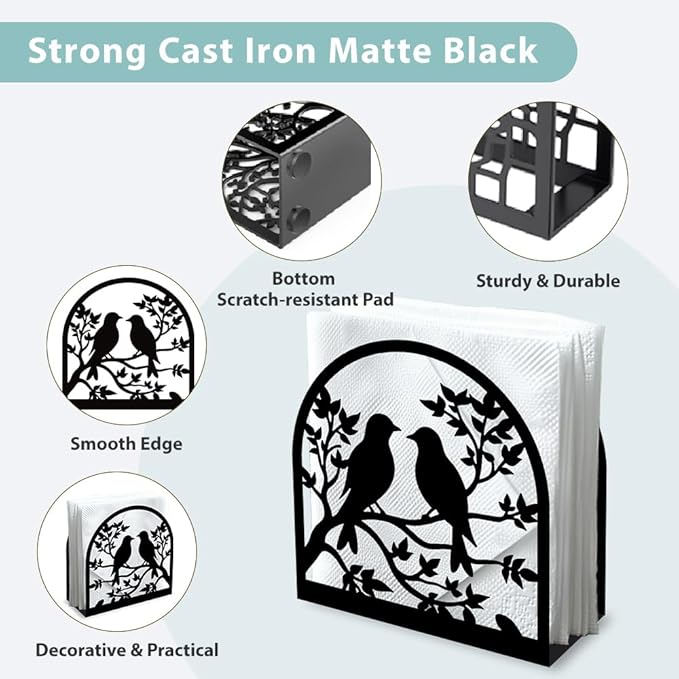 Birds on Branch Decorative Black Metal Napkin Holder for Table, 4.9" x 4.9" x 1.9" Standing Napkin Holder for Home Kitchen Restaurant Picnic Party Coffee Bar Dining Room