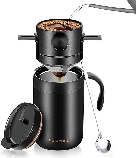 Camping Coffee Maker Pour Over Coffee Maker Set, 16oz Camp Pour Over Set, Pour Over Coffee Maker Camping, Includes Filter and Spoon, Portable Coffee Kit for Travel, Camping, Offices, Backpacking