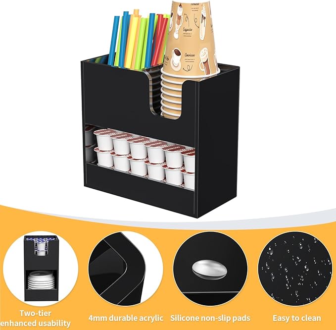 Coffee Condiment and Cup Organizer - 2-Tier Upright Cup and Lid Holder with Straw Organizer 3 Compartments Black Acrylic Cup Dispenser for Restaurant Breakroom Coffee Station Countertop