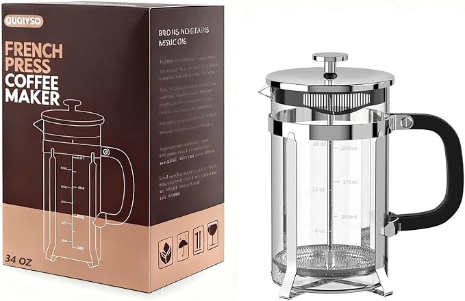 QUQIYSO French Press Coffee Maker 34oz 304 Stainless Steel French Press with 4 Filter, Heat Resistant Durable, Easy to Clean, Borosilicate Glass Coffee Press, 100% BPA Free Glass Teapot, Silver