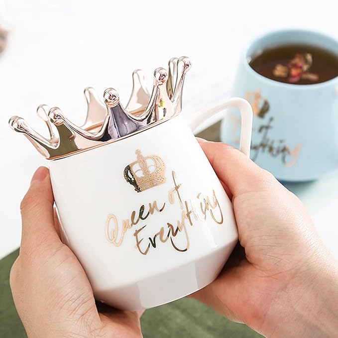 Queen of Everything Mug with Lid Sweet White Mug with Crown Coffee Mugs Gift with Spoon & Coaster 12 oz Ceramic Cup Birthday Gift for Women Girls Mom Girlfriend Mothers Day Gifts for Women