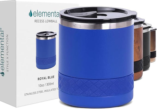 Elemental Recess Lowball Tumbler, 10oz Triple Wall Stainless Steel Cup with Non-Shattered Tritan Lid, Insulated Whiskey Glass, Insulated Coffee Tumbler Mug for Hot & Cold Drinks - Royal Blue