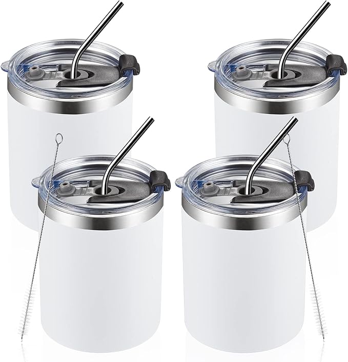 MEWAY 12 oz Lowball, Tumbler Stainless Steel Double Wall Vacuum Insulated Mug with Straw and Lid, Cleaning Brush ，Durable Powder Coated Insulated Coffee Cup for Cold & Hot Drinks (White,4 pack)