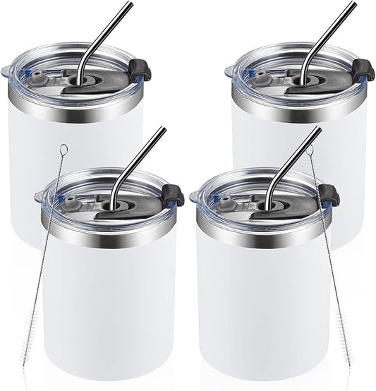 MEWAY 12 oz Lowball, Tumbler Stainless Steel Double Wall Vacuum Insulated Mug with Straw and Lid, Cleaning Brush ，Durable Powder Coated Insulated Coffee Cup for Cold & Hot Drinks (White,4 pack)