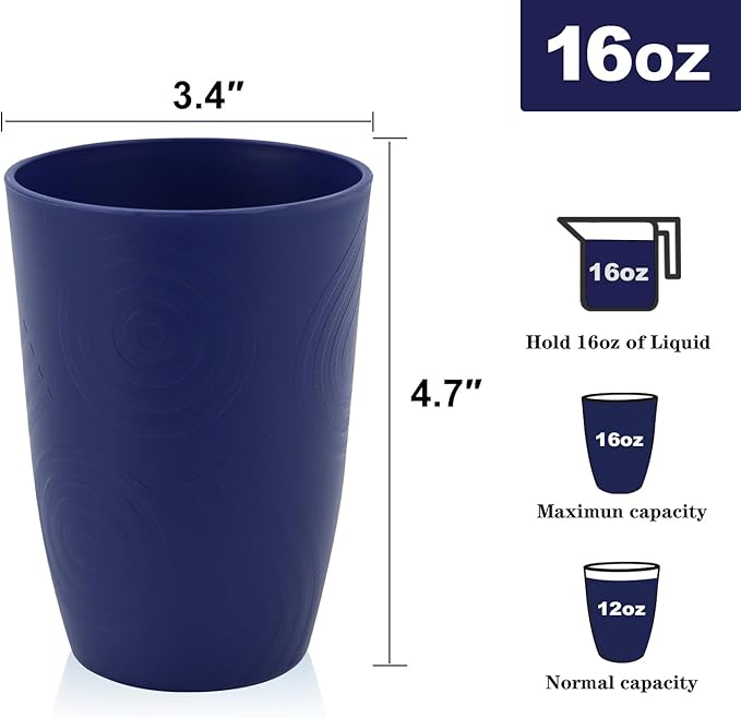 Homienly Wheat Straw Cups 6 PCS Plastic Cups Reusable Unbreakable Drinking Cup Dishwasher Safe Water Glasses (16 OZ,Blue Sky)