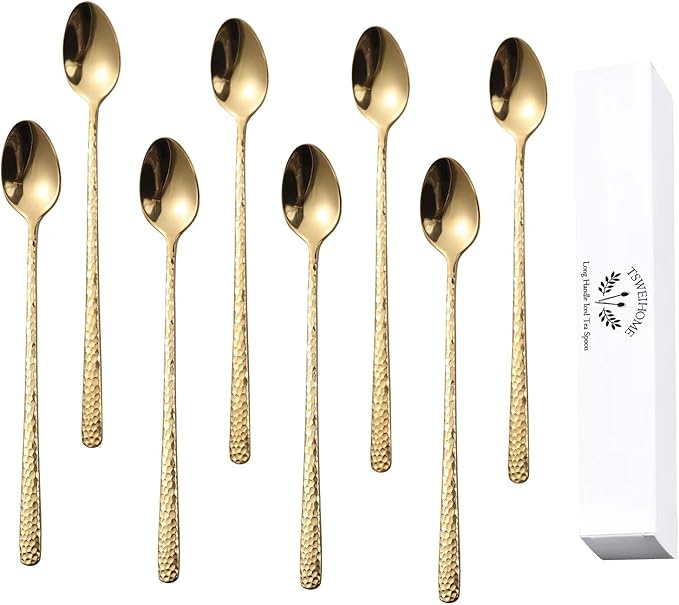 8.4-Inch Hammered Golden Ice Tea Spoons - Long Handle for Coffee, Ice Cream, Cocktail Stirring - Stainless Steel Set of 8