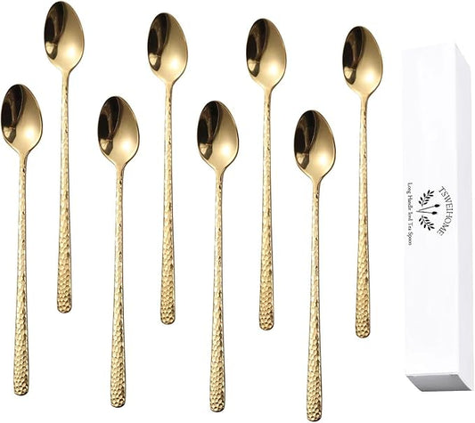 8.4-Inch Hammered Golden Ice Tea Spoons - Long Handle for Coffee, Ice Cream, Cocktail Stirring - Stainless Steel Set of 8