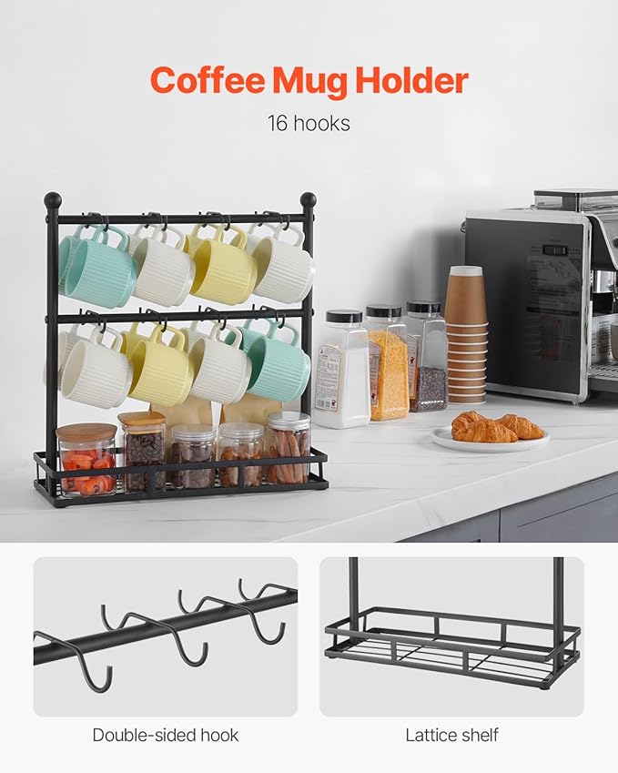 VEVOR Coffee Mug Holder for Countertop, 16 Hooks coffee mug holder stand, 2 Tier Mugs Tree Rack Carbon Steel Mug Display Stand, for Home Coffee Bar Storage and Display (Matte Black)