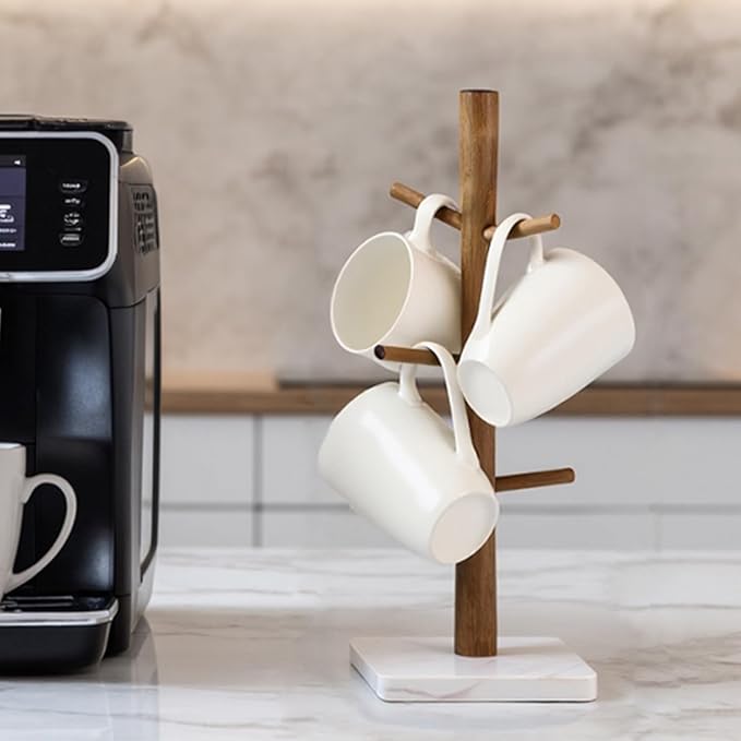 Buruis Wood Mug Holder, Marble Base Cup Rack Tree, Cup Stand Hanger, Kitchen Coffee Mug Tree Countertop Tea Cups Holder Stand, Coffee Mugs Dryer with 6 Hooks, White