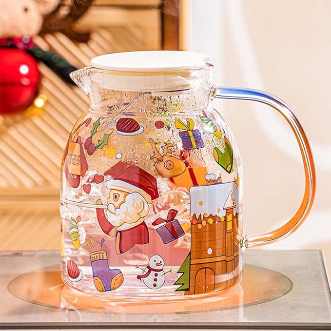 JIDOC 1100ml/37.68oz Christmas Glass Pitcher with Lid,Iced Tea Pitcher Carafe for Coffee, Juice, Lemonade and Milk