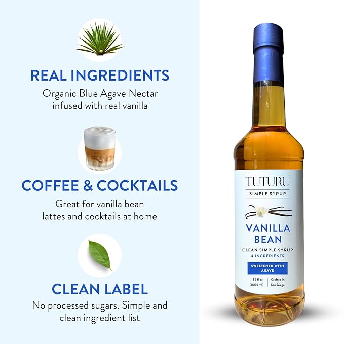Vanilla Bean Agave Simple Syrup for Coffee & Cocktails - Sweetened with Organic Agave Nectar - Infused with Real Vanilla Bean - 36 oz