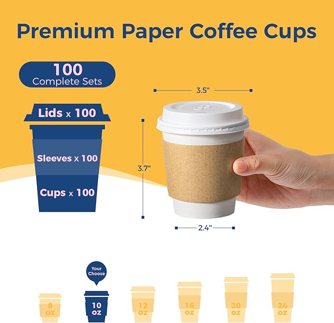 Fit Meal Prep 100 Pack 10 oz Disposable Coffee Cups with Lids, Sleeves, Leak-Proof To Go Coffee Cups with Lids, Durable Hot Paper Cups for Home, Office, Party, Business