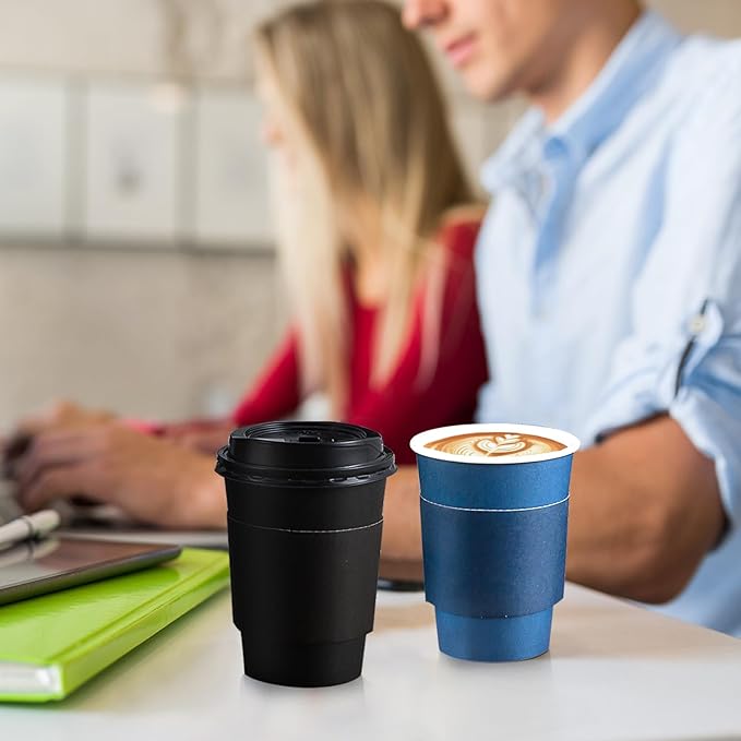 SIUQ 100 Pack 12 oz Coffee Cups with Lids, Disposable Paper Coffee Cups with Sleeves for Hot/Cold Drinks Parties, Picnic, Travel, and Events (Navy and Black)