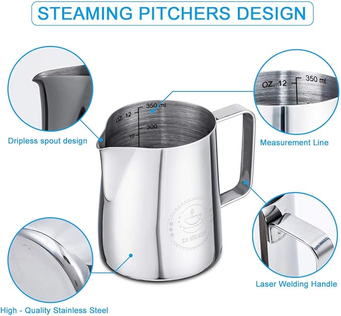 Milk Frothing Pitcher 12oz, Espresso Steaming Pitchers 350ml, Frother cup, Coffee Cappuccino Latte Art,304 Stainless Steel Jug with Decorating Art Pen
