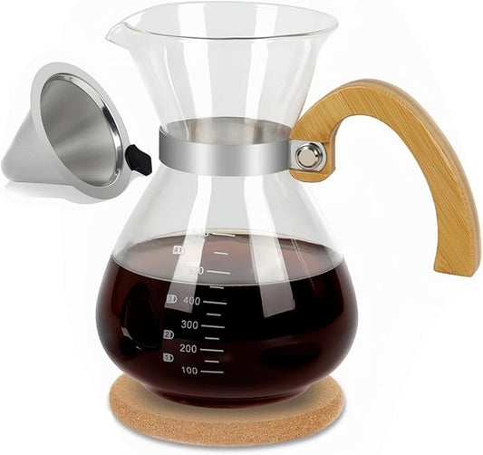 Pour Over Coffee Maker Set, with Double-Layer Stainless Filter and Wooden Handle, 20 oz 600ml Thickened Borosilicate Glass Pour Over Coffee Dripper for Home Café