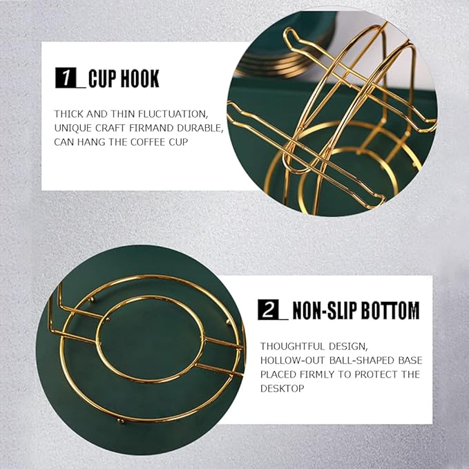 YY YEARCHY Coffee Mug Holder, Espresso Cups Holder Cup Drying Rack Cups Drainer Stand Metal Mug Tree Cups Organizer with 6 Hook Hangers for Kitchen Counter and Tea Party(Gold)