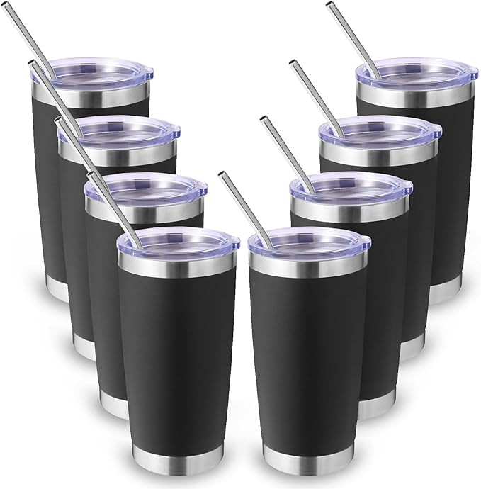 Volhoply 20oz Stainless Steel Tumbler with Lid and Straw Bulk 8 Pack,Double Wall Insulated Travel Iced Coffee Mug Fits Cup holder,Powder Coated Cups for Hot/Cold Drinks,Gifts for Women（Black,8 Set）