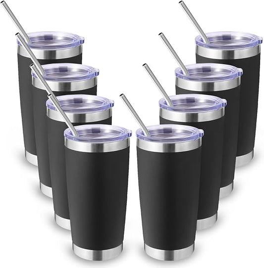 Volhoply 20oz Stainless Steel Tumbler with Lid and Straw Bulk 8 Pack,Double Wall Insulated Travel Iced Coffee Mug Fits Cup holder,Powder Coated Cups for Hot/Cold Drinks,Gifts for Women（Black,8 Set）