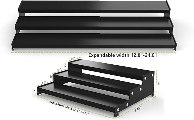 Spice Rack Organizer 3 Tier Expandable Display Shelf(12.8"-24.01" W) Non-Skid Heavy Duty Sturdy Metal Iron Alloy Steel Step Racks 2 Packs/Black