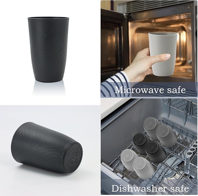 Wheat Straw Cups 6 PCS Plastic Cups Reusable Unbreakable Drinking Cup Dishwasher Safe Water Glasses with Unique Pattern(16 OZ,Black Grey)