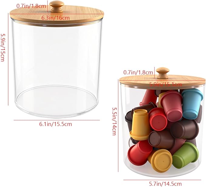 2 Pack Coffee Pod Holder with Bamboo Lid, Clear Coffee Pods Storage Basket Large Capacity K Cup Holder for Kitchen Countertop, Coffee Filter Holder, Cafe Bar Organizer, Office Desktop