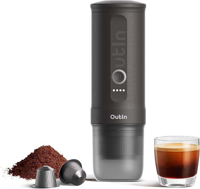 OutIn Nano Portable Electric Espresso Machine, Travel Coffee Maker for Camping, Car Coffee Maker Self-Heating with USB-C, With Ground Coffee & NS Capsule for RV, Hiking, Office