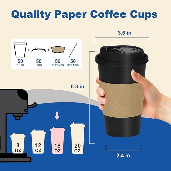 16 oz 50 Pack Coffee Cups with Lids and Sleeves, Straws, Hot Disposable To Go Travel Paper Cups Bulk for Office, Home Coffee Bar Accessories, Chocolate, Cocoa, Beverage (Black)