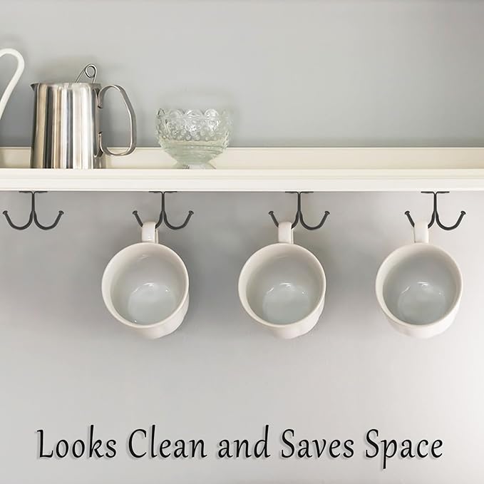 Mug Hook Under Kitchen Cabinet/Shelf 20Pcs Double Prong Ceiling Hanger Hang 40 Coffee Cups Black Display Mug Utensils Holder Rack for Office Cafe Bar Closet Bathroom Laundry Room
